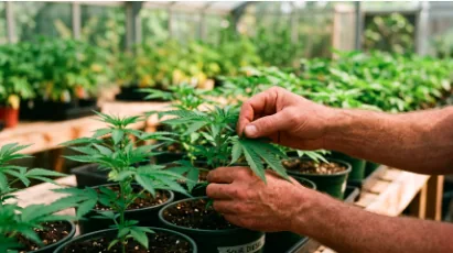 Hands tending cannabis plants at Tegridy Farm