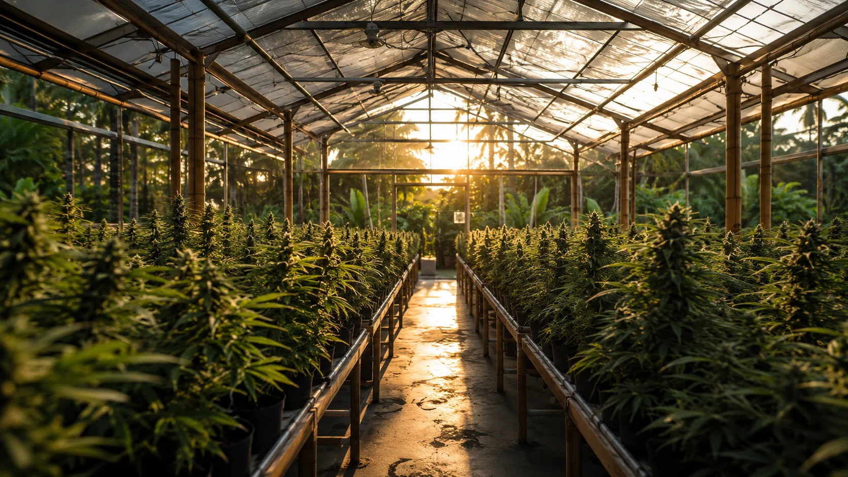 Rows of cannabis plants growing at Tegridy Farm greenhouse, Hua Hin
