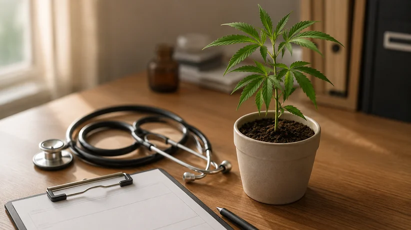 Doctor's desk with stethoscope and cannabis plant