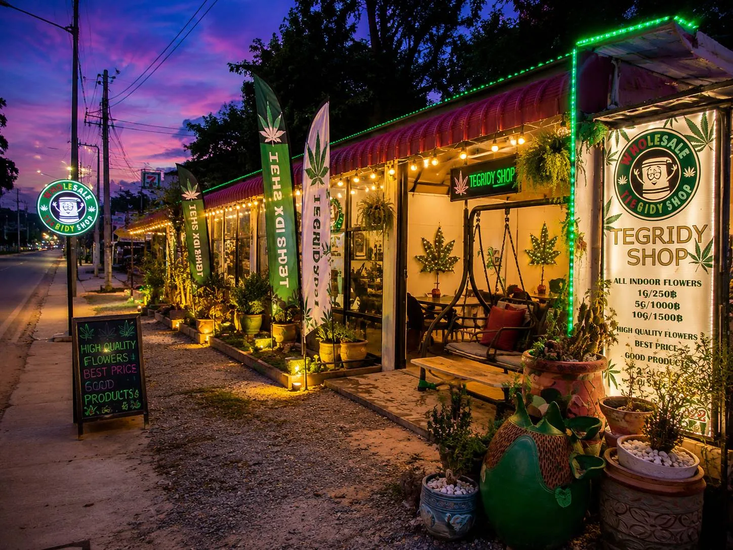 Tegridy Shop storefront at night, Hua Hin